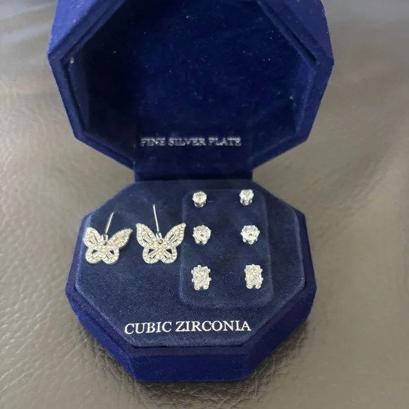 Cubic Zirconia Silver-Plated Butterfly & Stud Earring Set - Picture 4 of 6